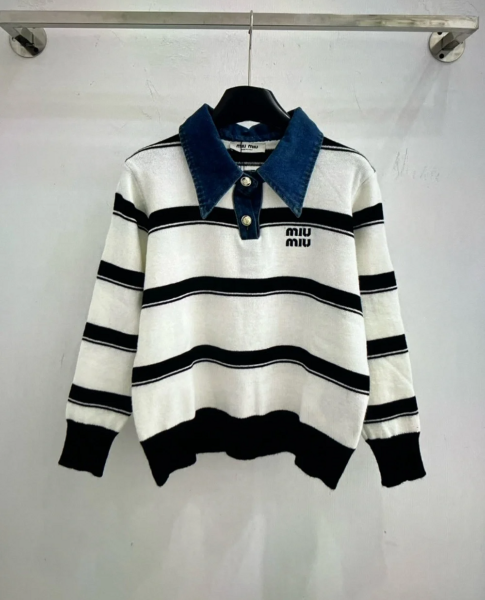 Miu Miu White Crewneck Sweater with Black Stripes & Blue Denim Collar